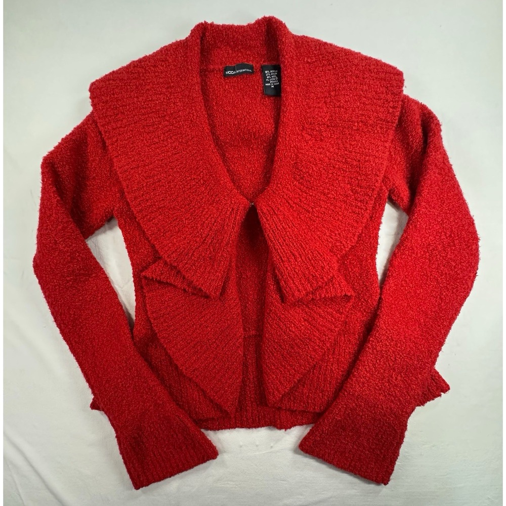 MODA International Women's M Red Solid Knit Collared Long Sleeve Open Cardigan